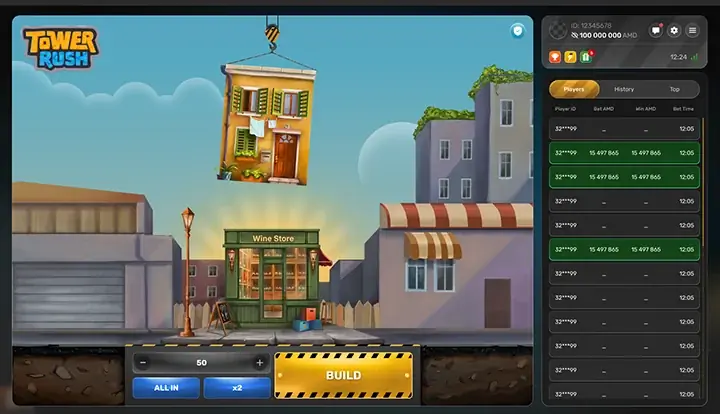 Tower Rush Game — Crash-Spiel mit Tornbyggnad und Multiplikatoren für Österreich